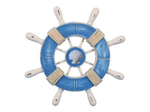 Wholesale Model Ships Rustic Light Blue And White Decorative Ship Wheel With Seashell 9" Wheel-9-109-seashell