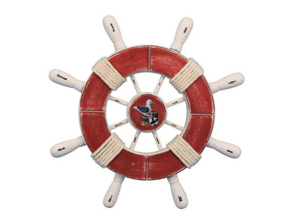 Wholesale Model Ships Rustic Red And White Decorative Ship Wheel With Seagull 9" Wheel-9-110-seagull