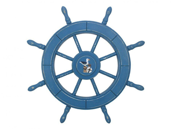 Wholesale Model Ships Rustic All Light Blue Decorative Ship Wheel With Seagull 24" Wheel-24-100-seagull