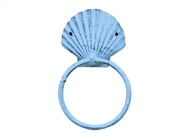 Wholesale Model Ships Rustic Dark Blue Whitewashed Cast Iron Seashell Towel Holder 8.5" K-0102F-blue