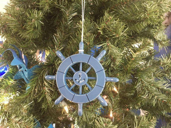 Wholesale Model Ships Rustic Light Blue Decorative Ship Wheel With Anchor Christmas Tree Ornament 6" SW-6-100-anchor-x