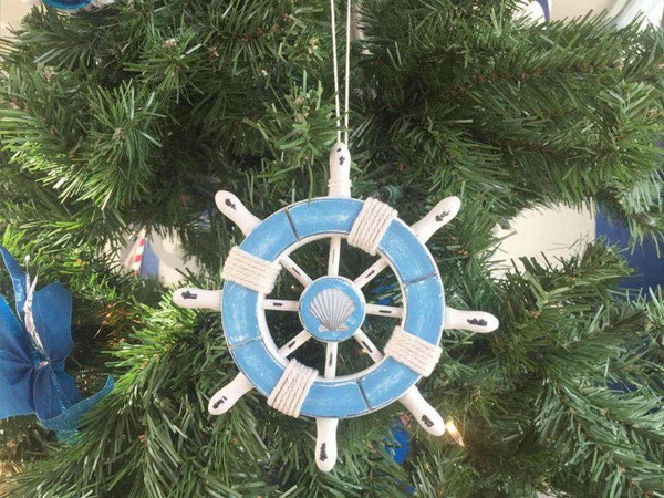 Wholesale Model Ships Rustic Light Blue And White Decorative Ship Wheel With Anchor Christmas Tree Ornament 6" SW-6-109-anchor-x