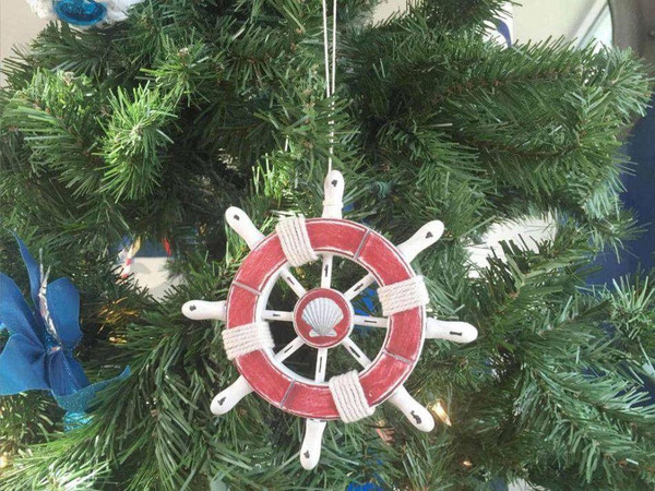 Wholesale Model Ships Rustic Red And White Decorative Ship Wheel With Seashell Christmas Tree Ornament 6" SW-6-110-seashell-x