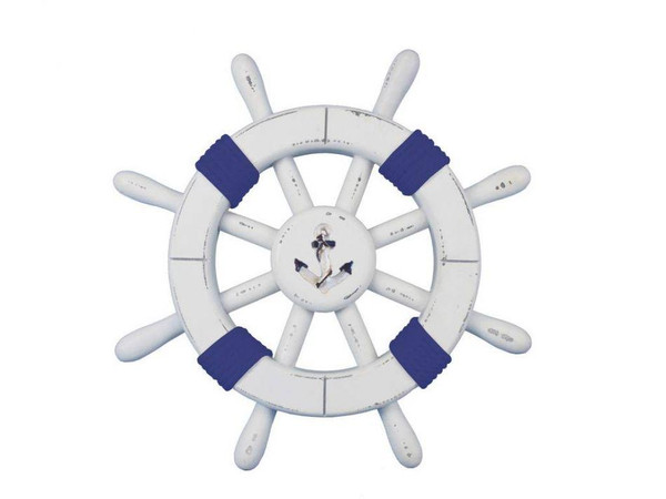 Wholesale Model Ships Rustic White Decorative Ship Wheel With Dark Blue Rope And Anchor 12" SW-12-101-anchor