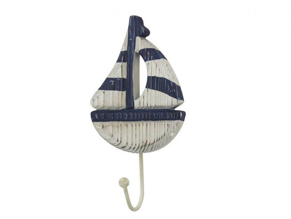 Wholesale Model Ships Wooden Rustic Decorative Blue And White Sailboat With Hook 7" Sailboat-300