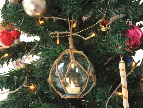 Wholesale Model Ships Led Lighted Clear Japanese Glass Ball Fishing Float With Brown Netting Christmas Tree Ornament 3" GB3-C-O-LED-XMAS