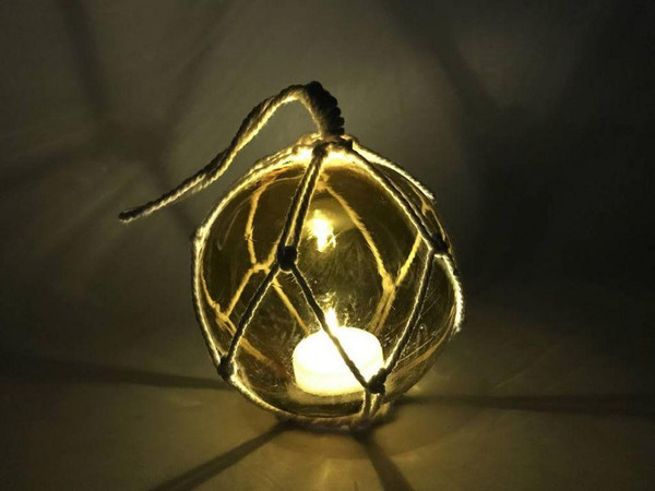 Wholesale Model Ships Led Lighted Amber Japanese Glass Ball Fishing Float With White Netting Decoration 4" GB4-A-N-LED