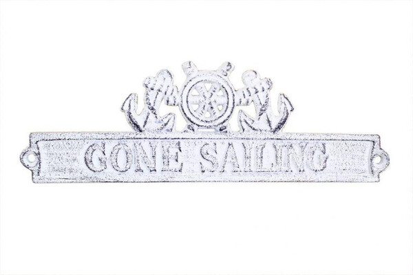 Wholesale Model Ships Whitewashed Cast Iron Gone Sailing Sign With Ship Wheel And Anchors 9" K-9324-w
