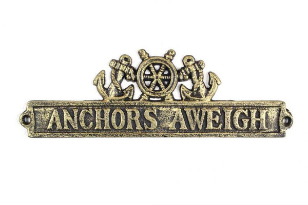 Wholesale Model Ships Antique Gold Cast Iron Anchors Aweigh Sign With Ship Wheel And Anchors 9" K-9326-gold