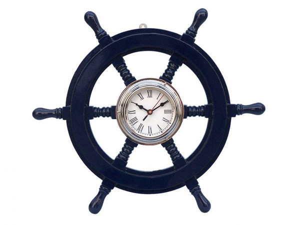 Wholesale Model Ships Deluxe Class Dark Blue Wood And Chrome Pirate Ship Wheel Clock 18" SW-1720-CH-Dark-Blue