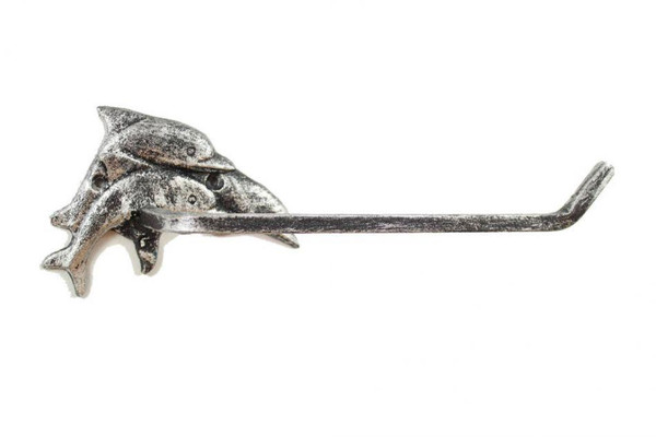 Wholesale Model Ships Rustic Silver Cast Iron Decorative Dolphins Toilet Paper Holder 10" K-9220-Silver