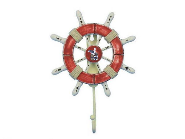 Wholesale Model Ships Rustic Red And White Decorative Ship Wheel With Seagull And Hook 8" Wheel-6-110-Seagull