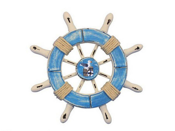 Wholesale Model Ships Rustic Light Blue And White Decorative Ship Wheel With Seagull 6" SW-6-109-Seagull-NH