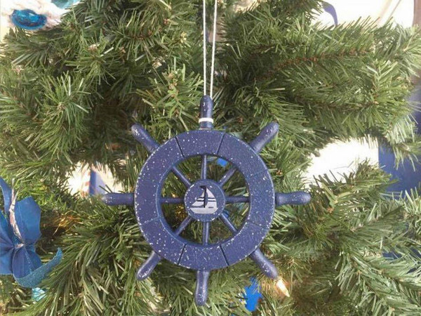 Wholesale Model Ships Rustic Dark Blue Decorative Ship Wheel With Sailboat Christmas Tree Ornament 6" SW-6-105-Sailboat-X