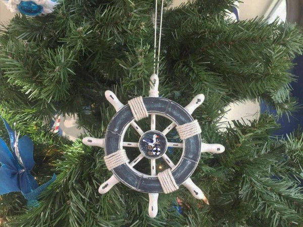 Wholesale Model Ships Rustic Dark Blue And White Decorative Ship Wheel With Seagull Christmas Tree Ornament 6" SW-6-108-Seagull-X