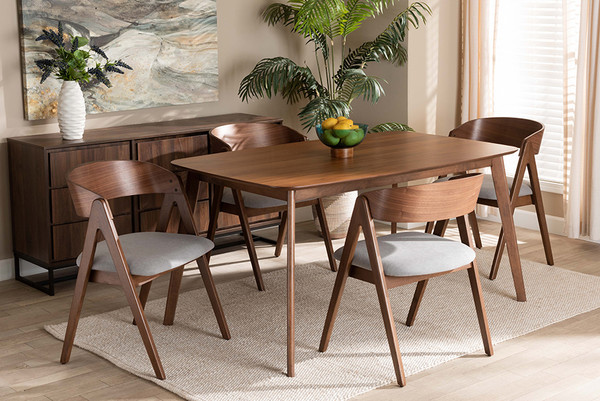 Danton Mid-Century Modern Grey Fabric Upholstered and Walnut Brown Finished Wood 5-Piece Dining Set By Baxton Studio WM1900B-Smoke/Walnut-5PC Dining Set