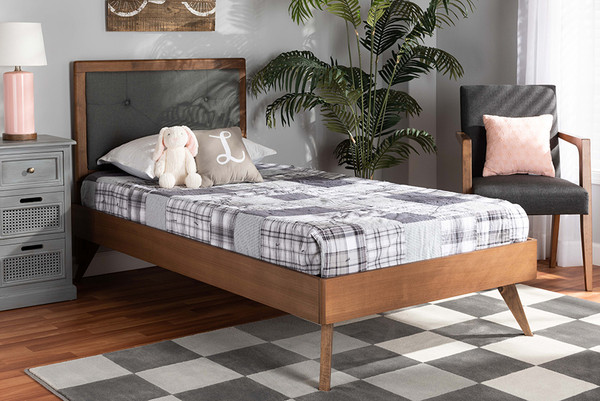 Laima Mid-Century Modern Dark Grey Fabric Upholstered and Walnut Brown Finished Wood Twin Size Platform Bed By Baxton Studio Laima-Dark Grey/Walnut-Twin