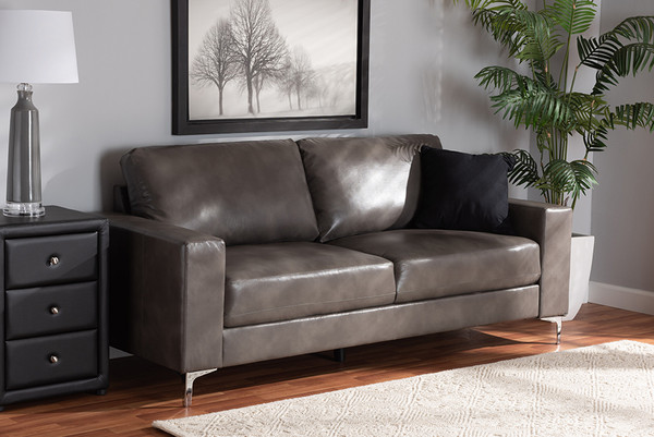 Rayan Modern and Contemporary Grey Faux Leather Upholstered Silver Finished Metal Loveseat By Baxton Studio 9449G-Grey-LS