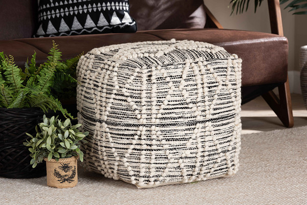 Sentir Modern and Contemporary Moroccan Inspired Ivory and Black Handwoven Wool Blend Pouf Ottoman By Baxton Studio Sentir-Ivory/Black-Pouf