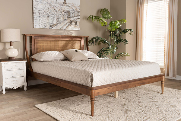 Jamila Modern Transitional Walnut Brown Finished Wood and Synthetic Rattan King Size Platform Bed By Baxton Studio MG0069-Rattan/Walnut-King