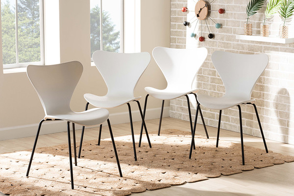 Jaden Modern and Contemporary White Plastic and Black Metal 4-Piece Dining Chair Set By Baxton Studio AY-PC11-White Plastic-DC
