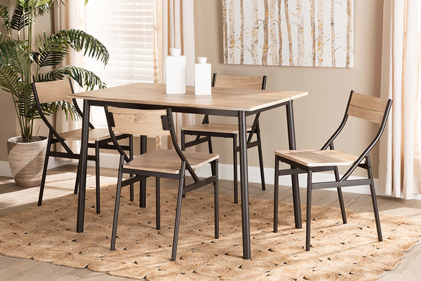 Carmen Modern and Contemporary Oak Brown Finished Wood and Dark Brown Metal 5-Piece Dining Set By Baxton Studio D01309-Oak/Black-5PC Dining Set