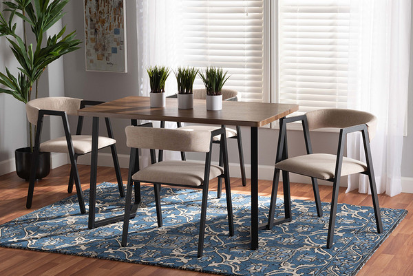 Delgado Modern and Contemporary Beige Fabric Upholstered and Black Metal 5-Piece Dining Set By Baxton Studio D03013-Beige-5PC Dining Set