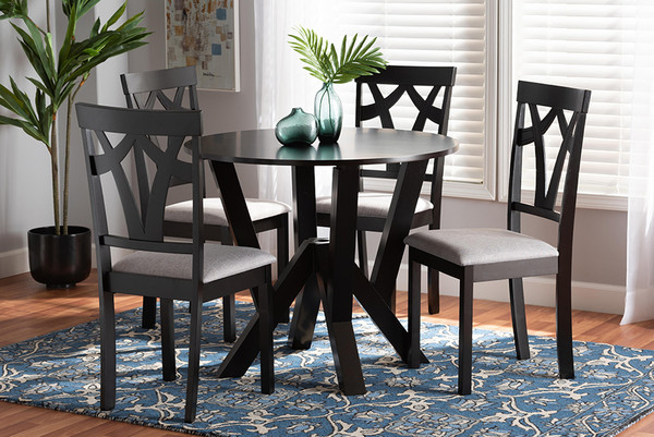 Branca Modern and Contemporary Grey Fabric Upholstered and Dark Brown Finished Wood 5-Piece Dining Set By Baxton Studio Branca-Grey/Dark Brown-5PC Dining Set