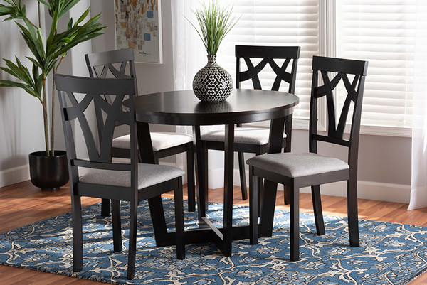 Telma Modern and Contemporary Grey Fabric Upholstered and Dark Brown Finished Wood 5-Piece Dining Set By Baxton Studio Telma-Grey/Dark Brown-5PC Dining Set