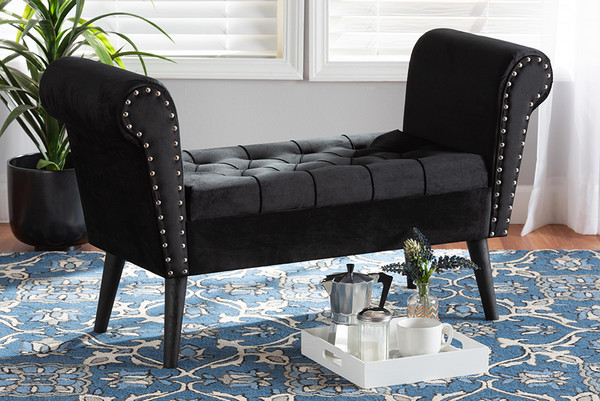 Hanayo Contemporary Glam and Luxe Black Velvet Fabric Upholstered Black Finished Wood Bench By Baxton Studio JY20B110-Black Velvet-Bench