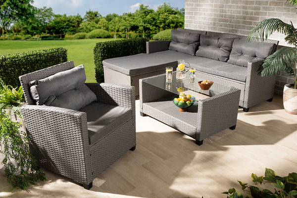 Darian Modern and Contemporary Grey Fabric Upholstered and Grey Synthetic Rattan 4-Piece Patio Set By Baxton Studio MLM-210606-Dark Grey