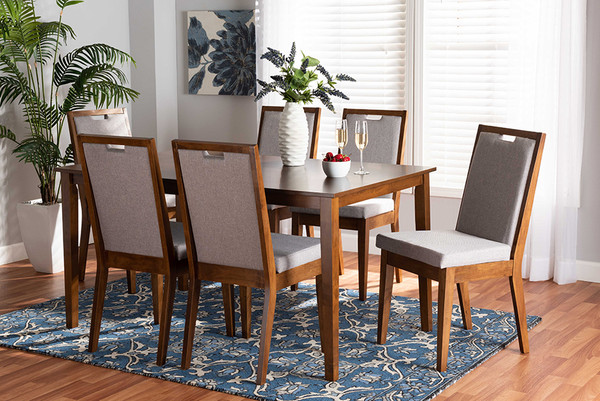 Rosa Modern and Contemporary Grey Fabric Upholstered and Walnut Brown Finished Wood 7-Piece Dining Set By Baxton Studio Rosa-Grey/Walnut-7PC Dining Set