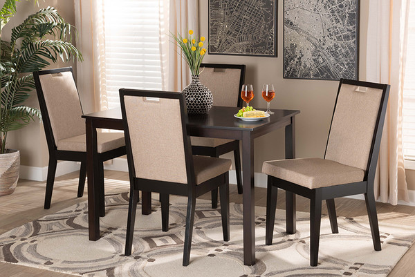 Rosa Modern and Contemporary Sand Fabric Upholstered and Dark Brown Finished Wood 5-Piece Dining Set By Baxton Studio Rosa-Sand/Dark Brown-5PC Dining Set