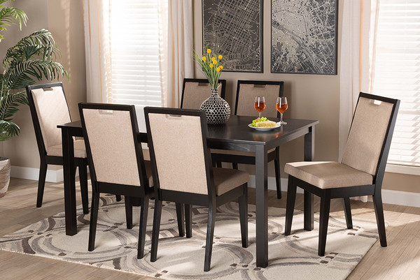 Rosa Modern and Contemporary Sand Fabric Upholstered and Dark Brown Finished Wood 7-Piece Dining Set By Baxton Studio Rosa-Sand/Dark Brown-7PC Dining Set