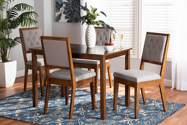 Suvi Modern and Contemporary Grey Fabric Upholstered and Walnut Brown Finished Wood 5-Piece Dining Set By Baxton Studio Suvi-Grey/Walnut-5PC Dining Set