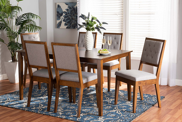 Suvi Modern and Contemporary Grey Fabric Upholstered and Walnut Brown Finished Wood 7-Piece Dining Set By Baxton Studio Suvi-Grey/Walnut-7PC Dining Set