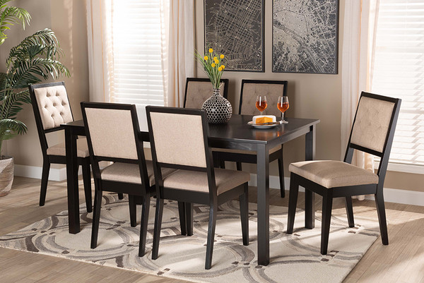 Suvi Modern and Contemporary Sand Fabric Upholstered and Dark Brown Finished Wood 7-Piece Dining Set By Baxton Studio Suvi-Sand/Dark Brown-7PC Dining Set
