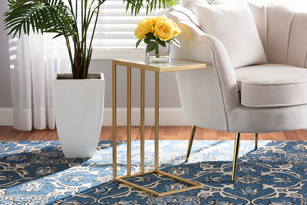 Parkin Modern and Contemporary Gold Finished Metal C Shaped End Table with Marble Tabletop By Baxton Studio H01-100346-Metal/Marble Side Table