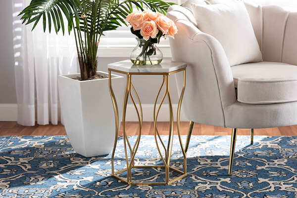 Kalena Modern and Contemporary Gold Metal End Table with Marble Tabletop By Baxton Studio H01-97049-Metal/Marble Side Table