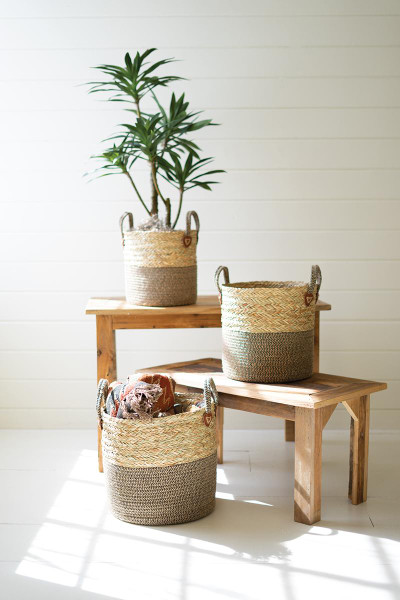 Kalalou CCH1175 Set 3 Woven Round Seagrass Baskets With Brown Base And Handles