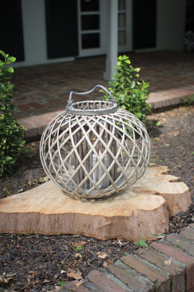 Kalalou Low Round Grey Willow Lantern with Glass - Large CLUX1010