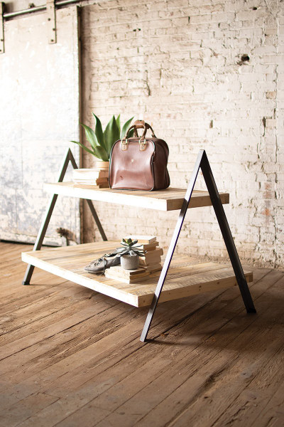 Recycled Wood & Metal 2 Tiered Display Table W A-Frame Base CQ7456X By Kalalou