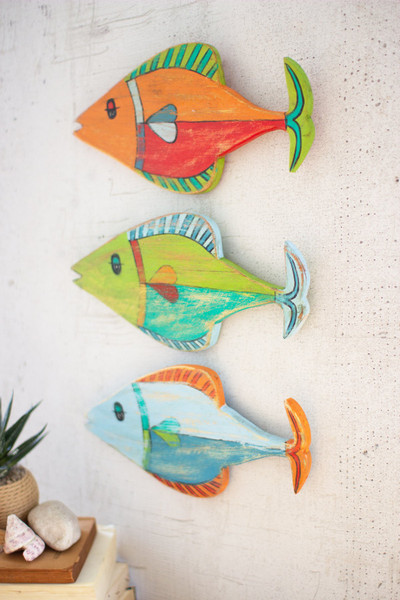 Painted Wooden Fish Wall Hangings - Set Of 3 A6152 By Kalalou