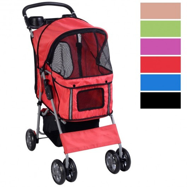 PS5529ROSE Pet Stroller Cat Dog 4 Wheels Stroller Travel Folding Easy Walk Carrier 6 Color-Rose
