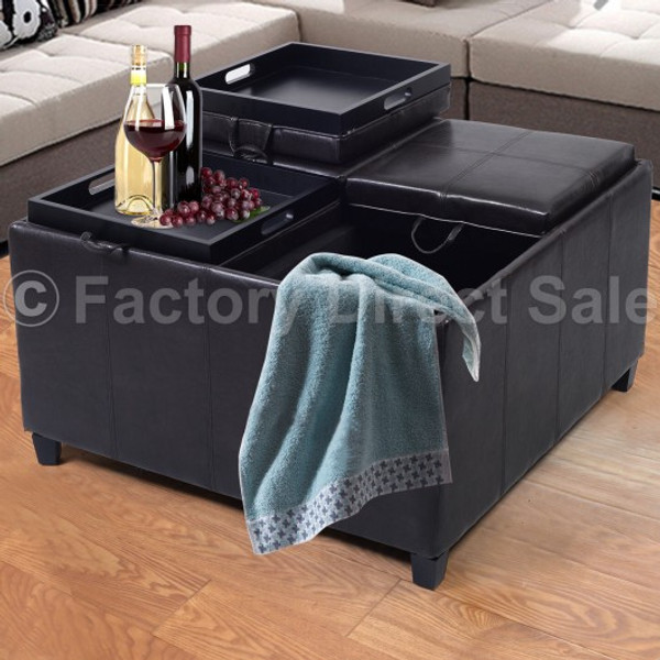 HW48026BN 2 In 1/ Pu Leather Storage Ottoman/ 4 Tray Coffee Table- Brown