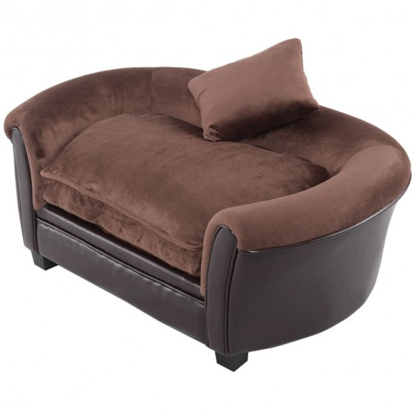PS6514BN Plush Soft Warm Pet Dog Sofa W/ 2 Cushions-Brown