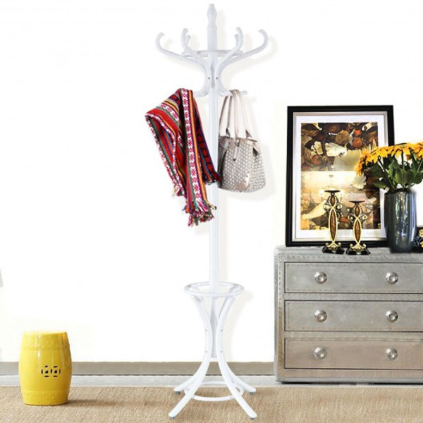 HW55588WH Wood Standing Hat Coat Rack With Umbrella Stand-White