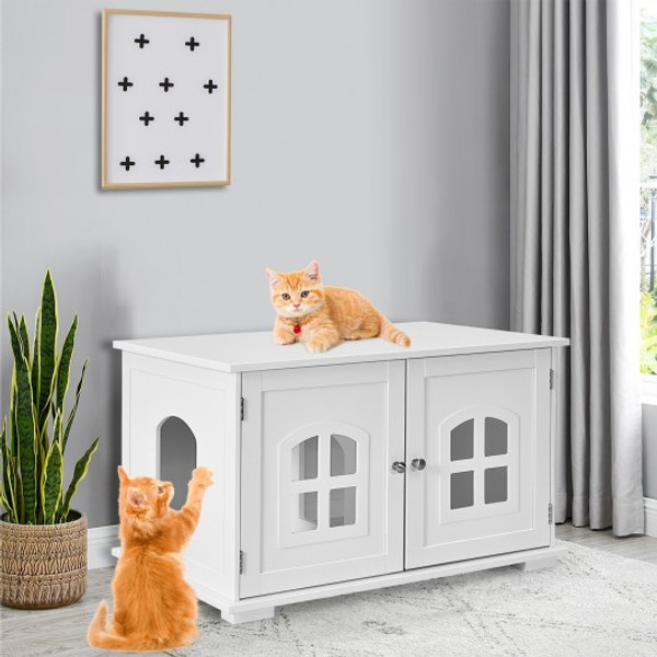 PS7425WH Large Wooden Cat Litter Box Enclosure Hidden Cat Washroom With Divider