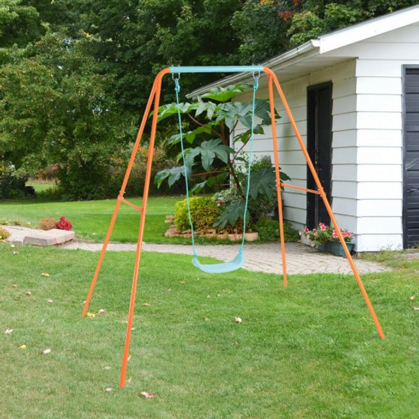 TY327972OR Outdoor Kids Swing Set With Heavy Duty Metal A-Frame And Ground Stakes-Orange