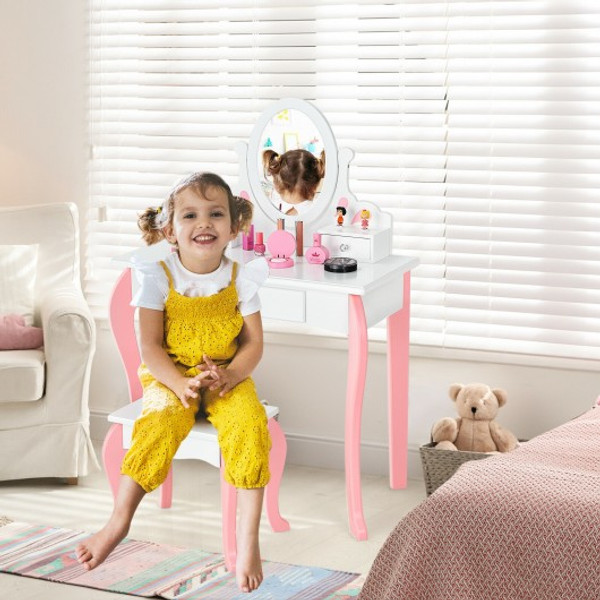 HW68463WH Kids Vanity Princess Makeup Dressing Table Stool Set With Mirror And Drawer-White